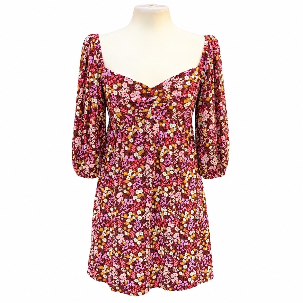 Billabong Floral Mini Dress Women's Medium Pink Puff Sleeve Smocked Cottagecore